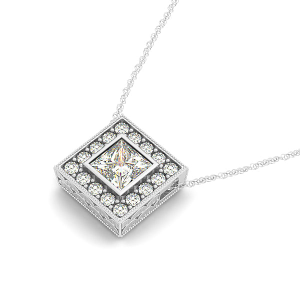 Platinum 1/5 CT Square Diamond Halo Pendant