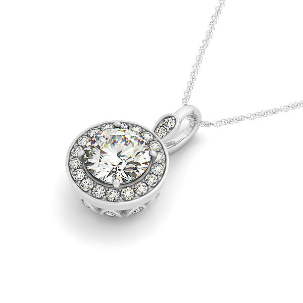 14K White Gold Round Diamond Halo Pendant Necklace