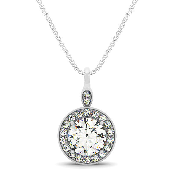 14K White Gold Round Diamond Halo Pendant Necklace