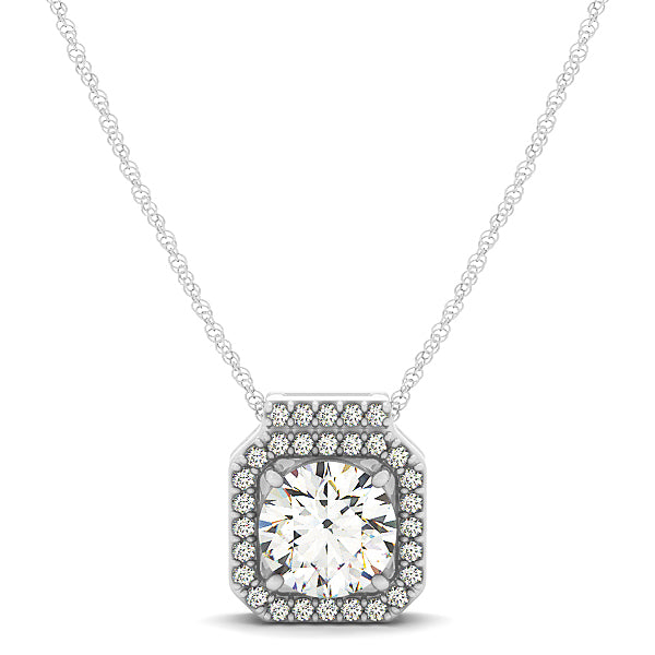 14K White Gold Round Diamond Halo Pendant Necklace