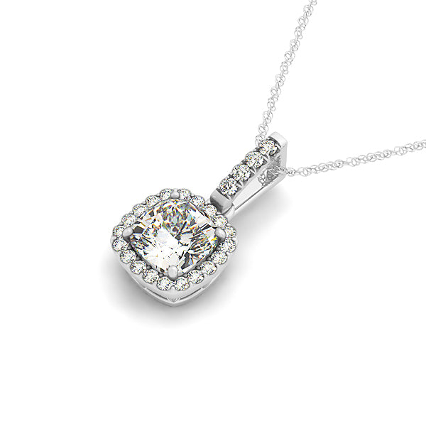 14K White Gold Cushion Diamond Halo Pendant