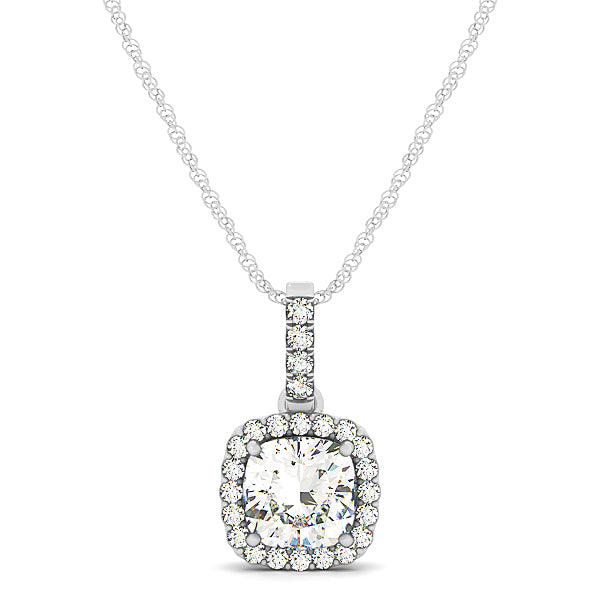 14K White Gold Cushion Diamond Halo Pendant