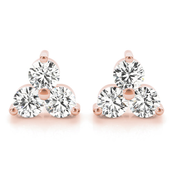 18K Rose Gold Round Diamond Three-Stone Stud Earrings