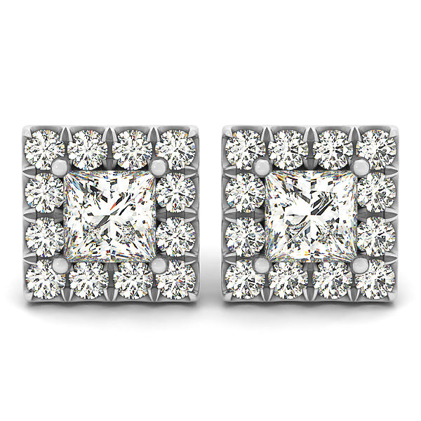 14K White Gold Square Diamond Halo Stud Earrings