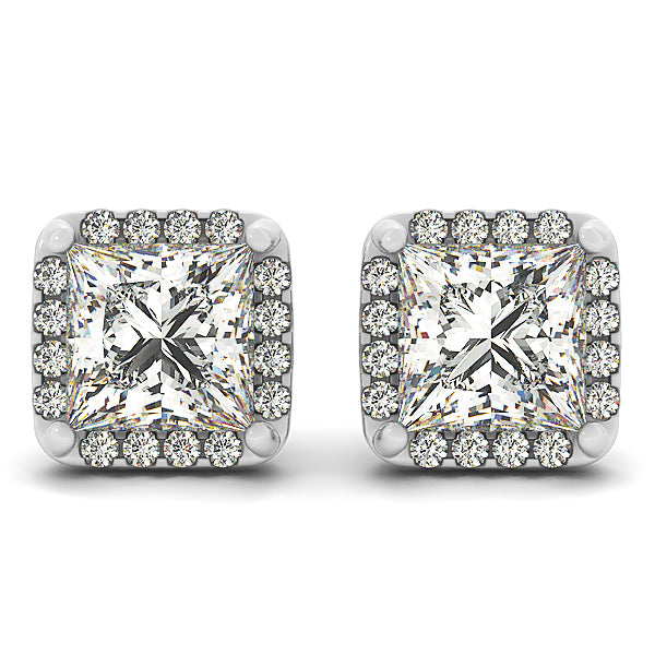 14K White Gold Square Diamond Halo Earrings