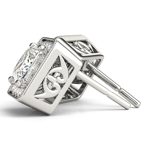 14K White Gold Square Diamond Halo Stud Earrings