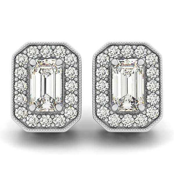 14K White Gold Emerald Diamond Halo Stud Earrings