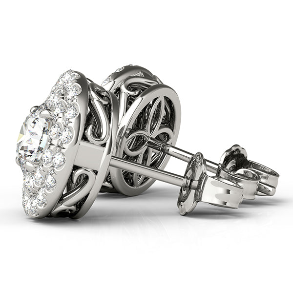 14K White Gold Round Diamond Halo Stud Earrings