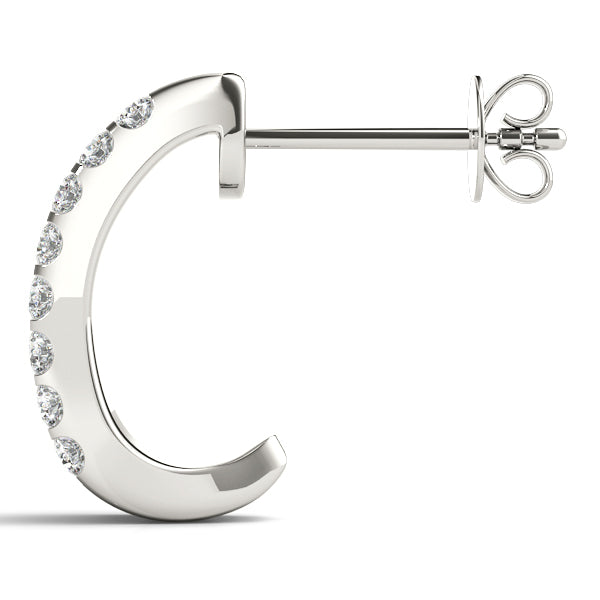 14K White Gold Round Diamond J-Hoop Earrings