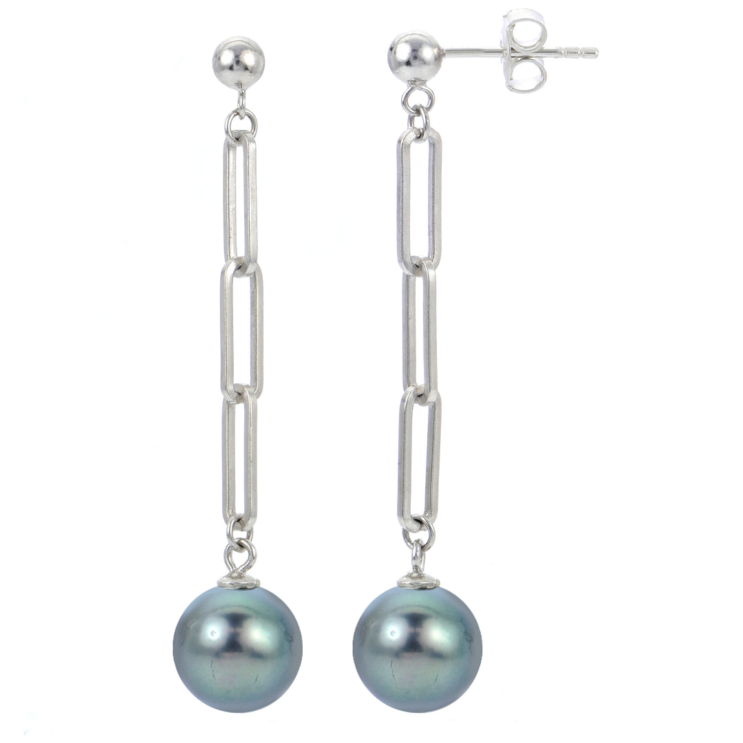 Sterling Silver Tahitian Pearl Paperclip Chain Earrings